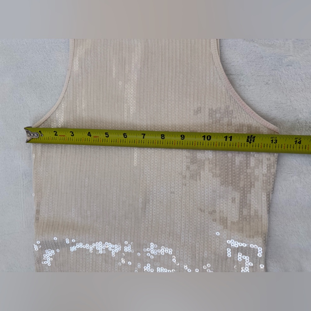 Express XS Cream Sequin Bodycon Mini Dress Ribbed Stretch Tank Y2K Party Club - Picture 4 of 8